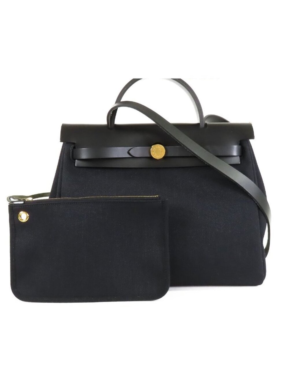 Hermes Herbag Zip 31 PM Black Gold Vache Hunter Toile 2-Way Shoulder Bag